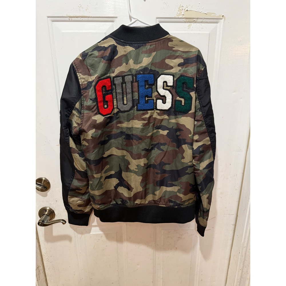 Guess Mens Camo Mixed Media Bomber Jacket Black Green Orange Size M